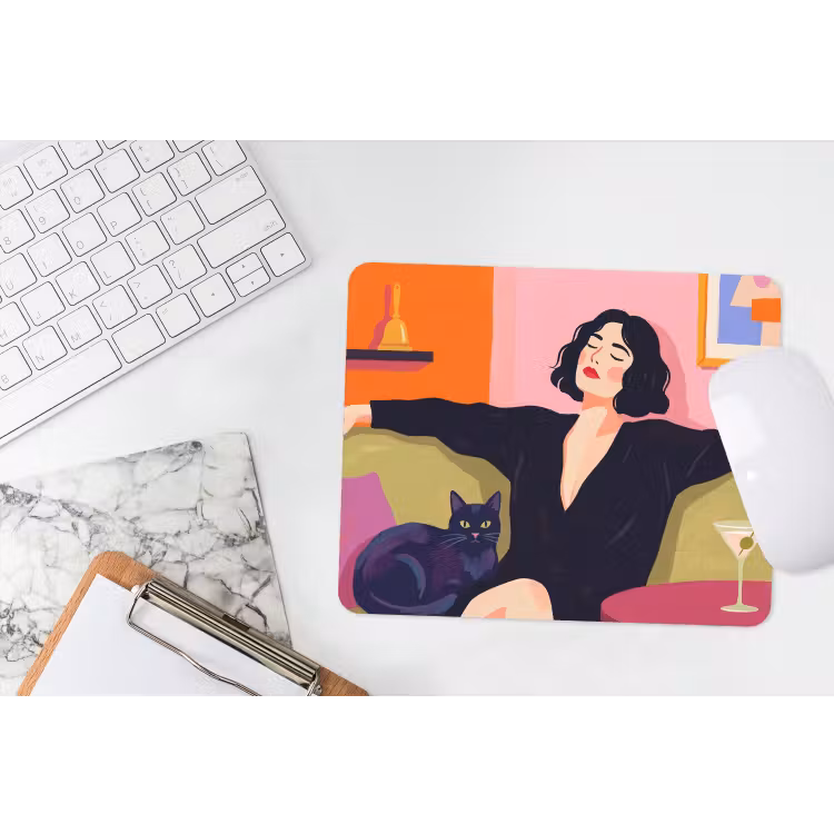 Vrouw - Kat - Interieur - Modern - Kleurrijk muismat rubber klein -witbureau