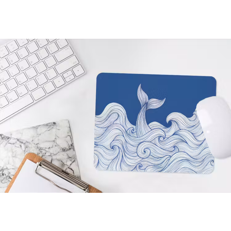 Walvis - Staart - Golven - Lijntekening - Blauw muismat rubber klein -witbureau