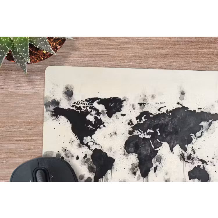 Wereldkaart - Zwart - Inkt muismat rubber klein -closeup