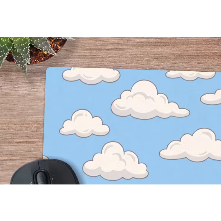Wolk - Cartoon - Lucht - Blauw - Wit muismat rubber klein -closeup