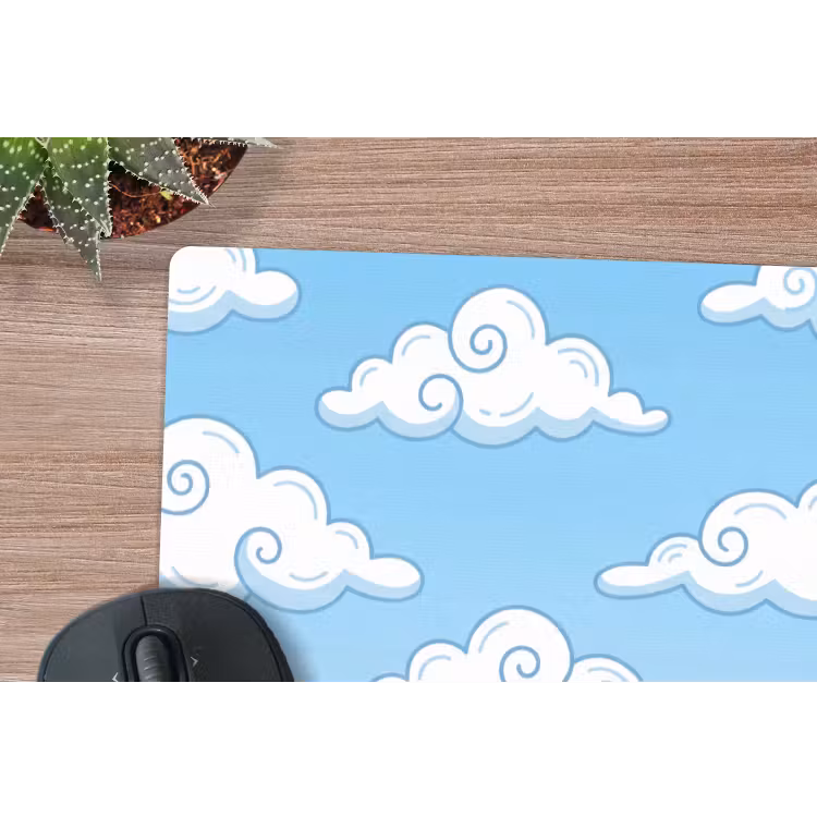Wolk - Lucht - Cartoon - Blauw - Wit muismat rubber klein -closeup