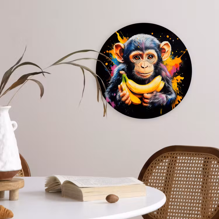 Aap - Graffiti - Kleurrijk - Bananen - Modern Wandcirkel kunststof plaat 5mm dik klein -sfeer4
