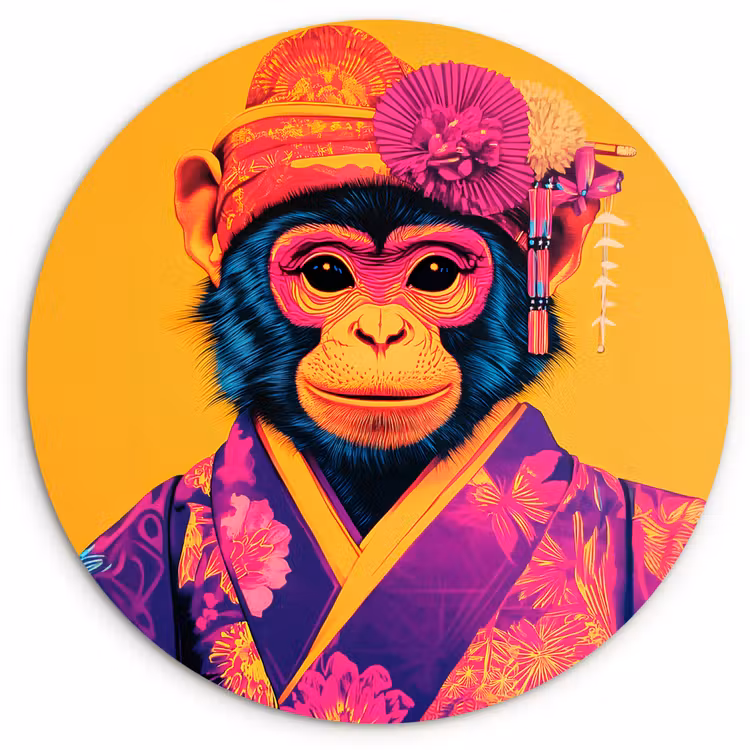 Aap - Kimono - Bloemen - Hoofdtooi Wandcirkel kunststof plaat 5mm dik klein -3d