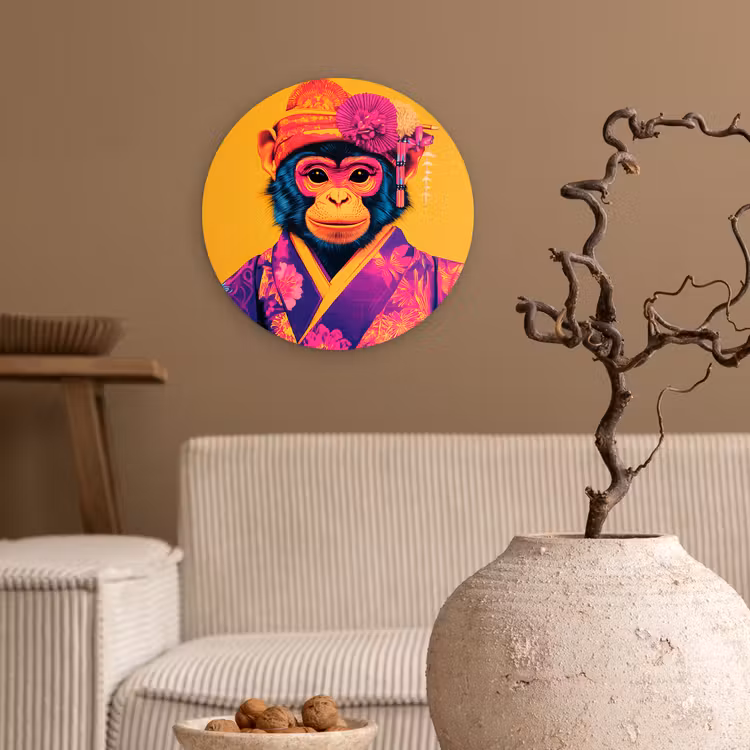 Aap - Kimono - Bloemen - Hoofdtooi Wandcirkel kunststof plaat 5mm dik klein -sfeer1