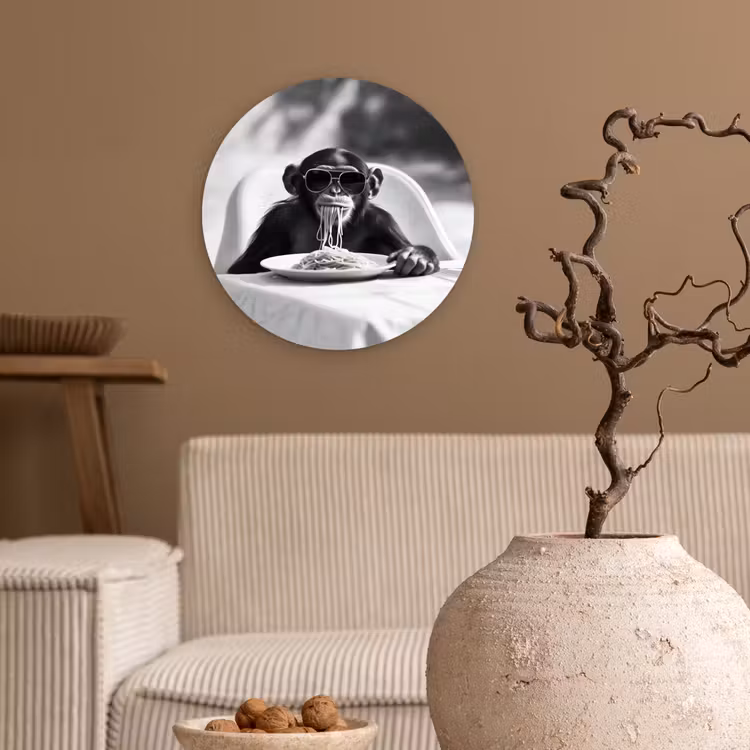 Aap - Spaghetti - Zonnebril - Zwart wit - Cool - Dier Wandcirkel kunststof plaat 5mm dik klein -sfeer1