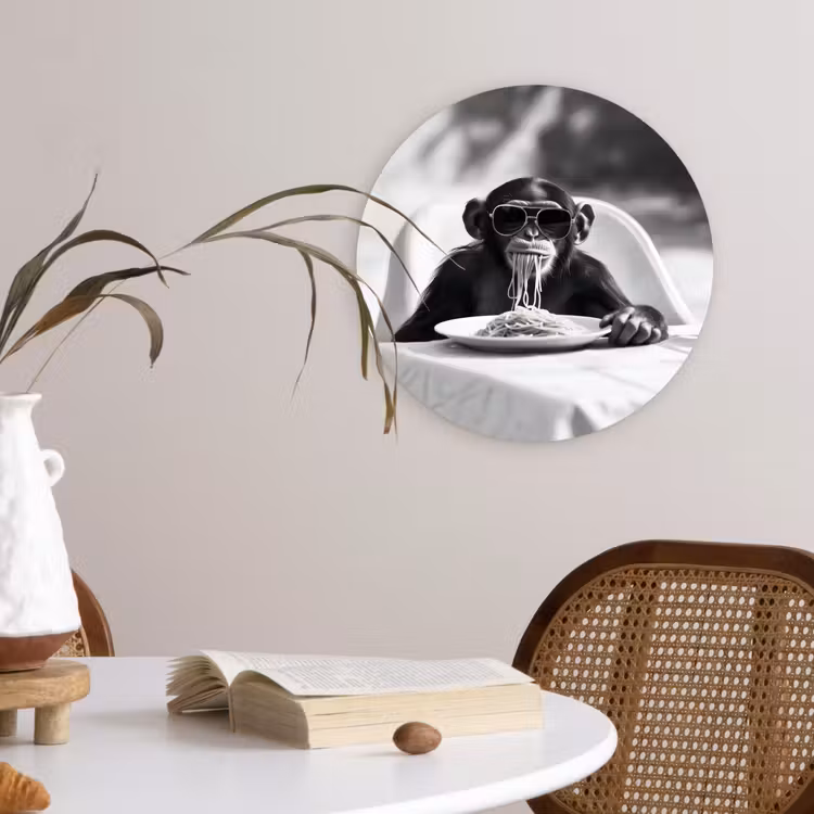 Aap - Spaghetti - Zonnebril - Zwart wit - Cool - Dier Wandcirkel kunststof plaat 5mm dik klein -sfeer4