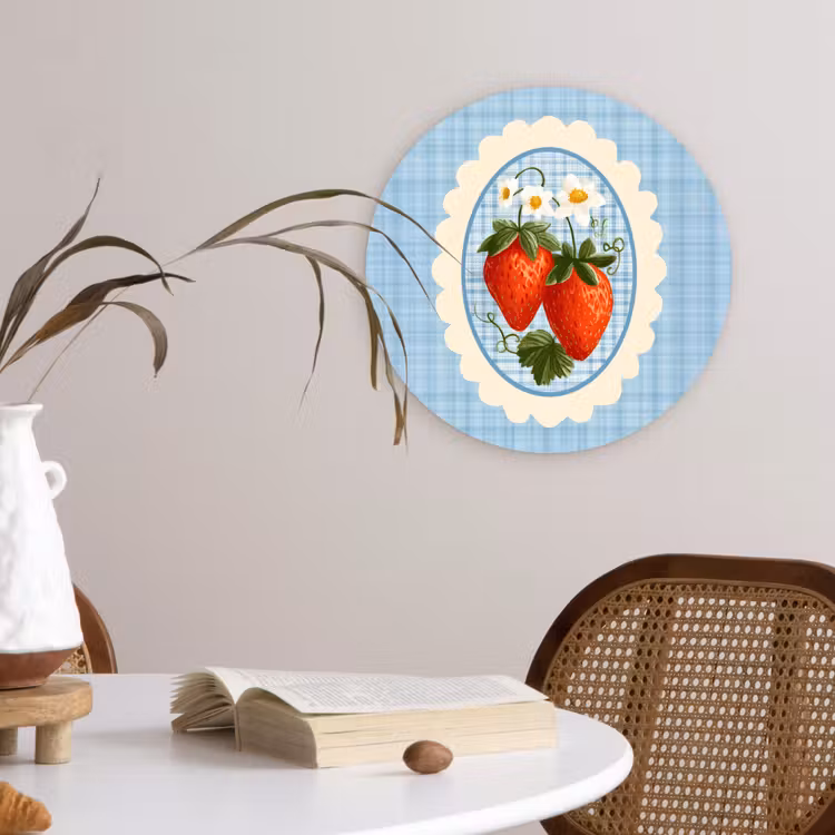 Aardbeien - Lijst - Rood - Geruit Wandcirkel kunststof plaat 5mm dik klein -sfeer4