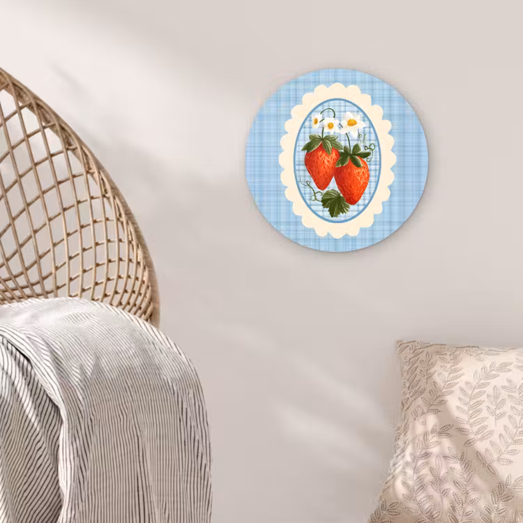 Aardbeien - Lijst - Rood - Geruit Wandcirkel kunststof plaat 5mm dik klein -sfeer5