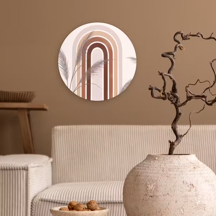 Abstract - Bogen - Plant - Boho - Beige Wandcirkel kunststof plaat 5mm dik klein -sfeer1