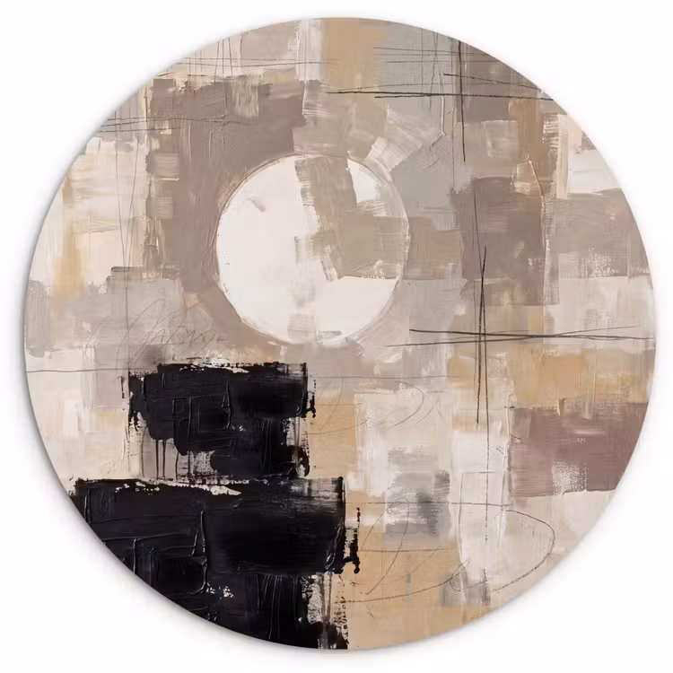 Abstract - Cirkel - Modern - Beige - Zwart - Minimalistisch Wandcirkel kunststof plaat 5mm dik klein -3d