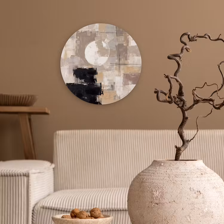 Abstract - Cirkel - Modern - Beige - Zwart - Minimalistisch Wandcirkel kunststof plaat 5mm dik klein -sfeer1