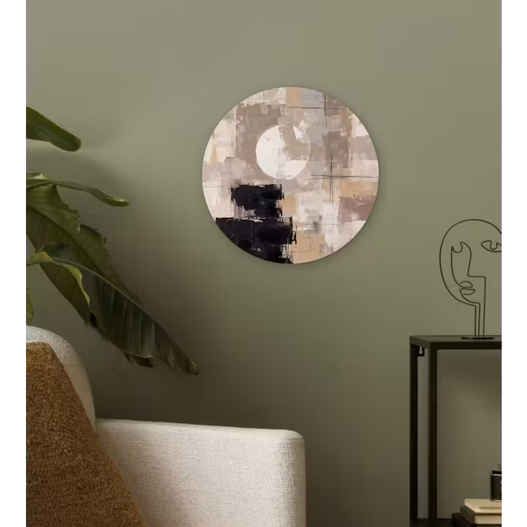 Abstract - Cirkel - Modern - Beige - Zwart - Minimalistisch Wandcirkel kunststof plaat 5mm dik klein -sfeer3