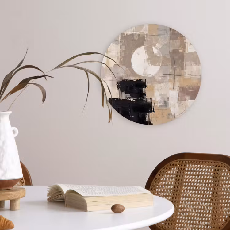Abstract - Cirkel - Modern - Beige - Zwart - Minimalistisch Wandcirkel kunststof plaat 5mm dik klein -sfeer4