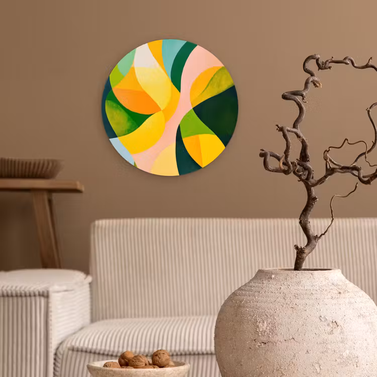 Abstract - Geel - Roze - Groen Wandcirkel kunststof plaat 5mm dik klein -sfeer1