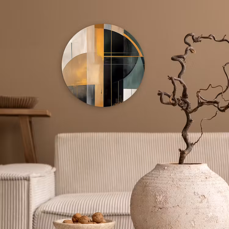 Abstract - Goud - Brons - Groen - Vormen - Modern Wandcirkel kunststof plaat 5mm dik klein -sfeer1