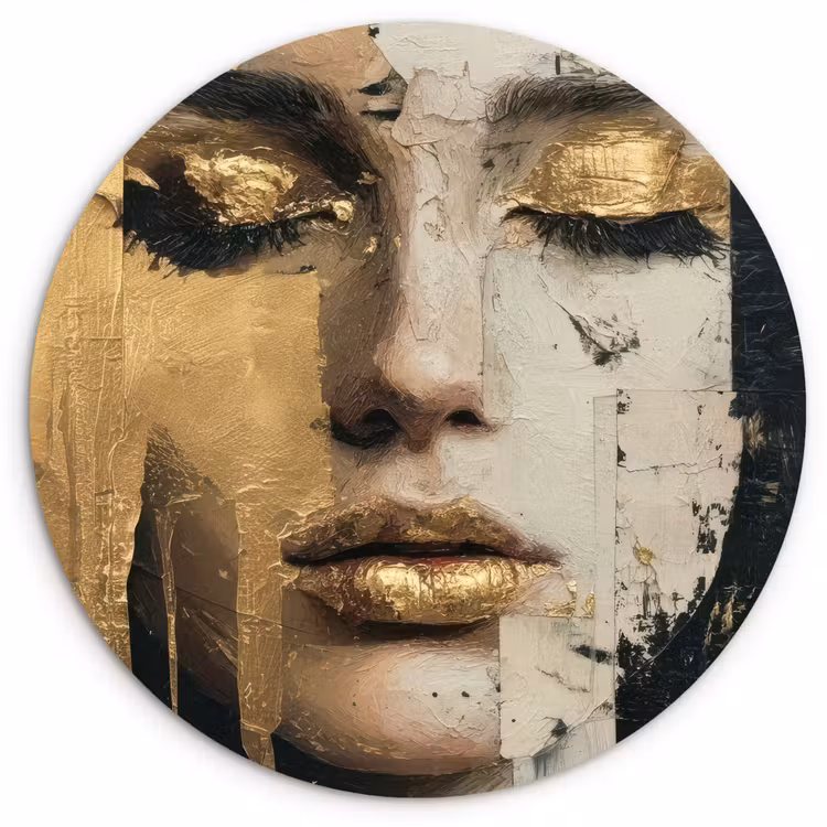 Abstract - Goud - Gezicht - Lippen Wandcirkel kunststof plaat 5mm dik klein -3d