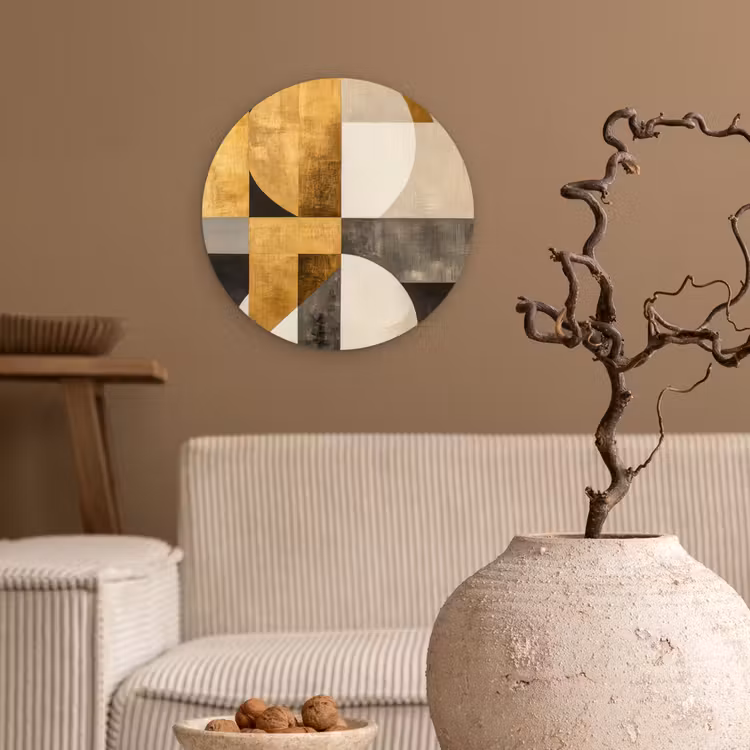 Abstract - Goud - Grijs - Vormen - Geometrisch Wandcirkel kunststof plaat 5mm dik klein -sfeer1