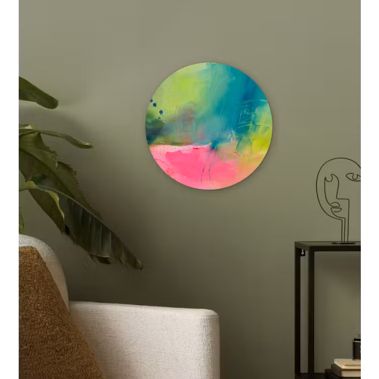 Abstract - Kleuren - Modern - Groen - Roze Wandcirkel kunststof plaat 5mm dik klein -sfeer3