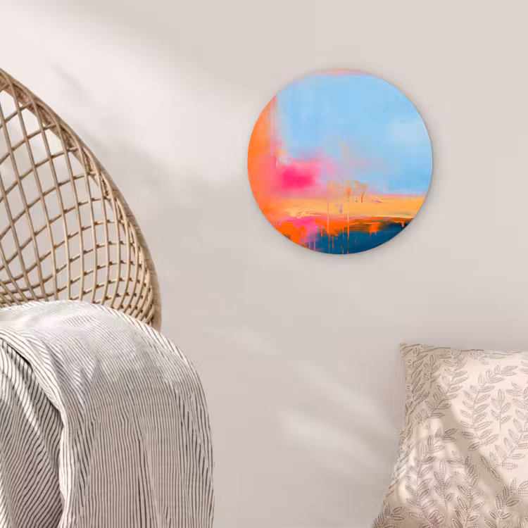 Abstract - Kleurvlakken - Modern - Oranje - Blauw Wandcirkel kunststof plaat 5mm dik klein -sfeer5