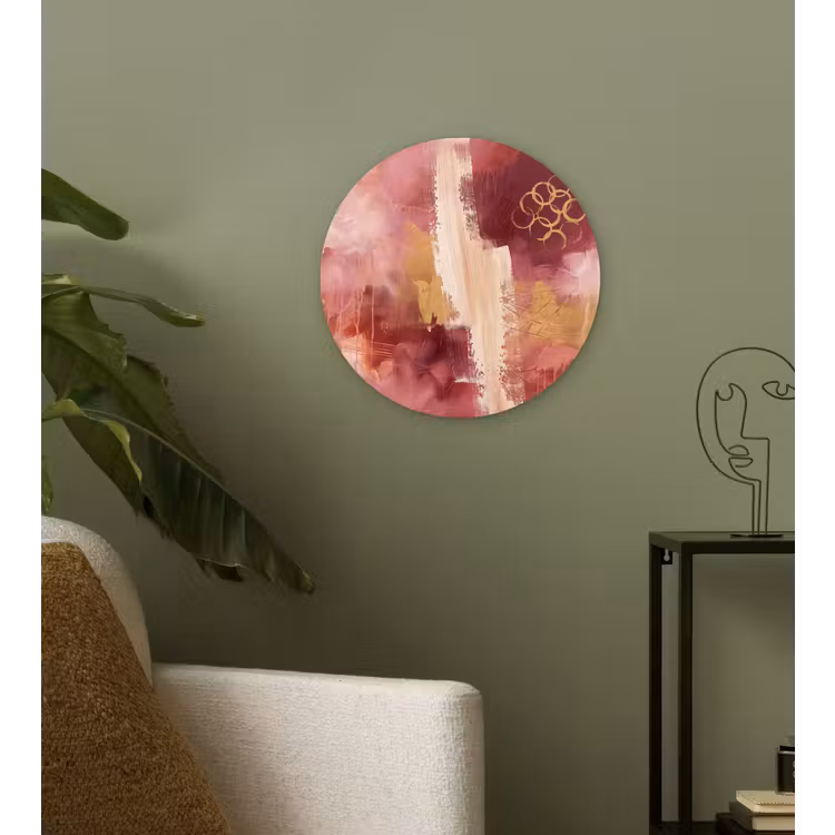 Abstract - Rood - Goud - Modern - Kunst Wandcirkel kunststof plaat 5mm dik klein -sfeer3
