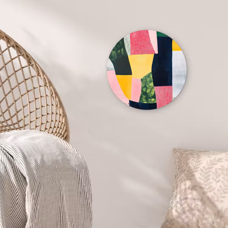 Abstract - Roze - Lappen - Vormen - Geel Wandcirkel kunststof plaat 5mm dik klein -sfeer5