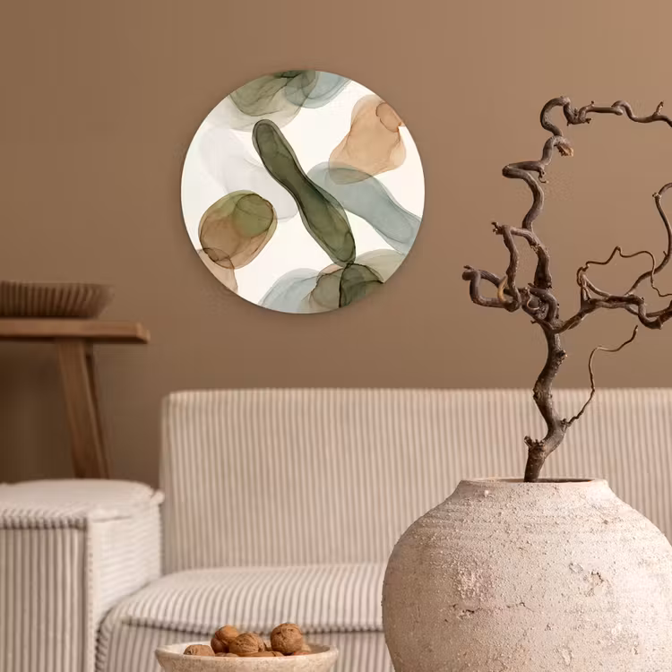 Abstract - Vormen - Modern - Kunst - Groen - Bruin Wandcirkel kunststof plaat 5mm dik klein -sfeer1