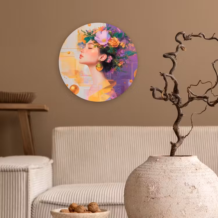 Abstract - Vrouw - Bloemenkroon - Goud Wandcirkel kunststof plaat 5mm dik klein -sfeer1