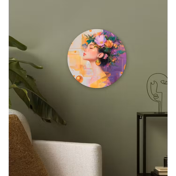 Abstract - Vrouw - Bloemenkroon - Goud Wandcirkel kunststof plaat 5mm dik klein -sfeer3