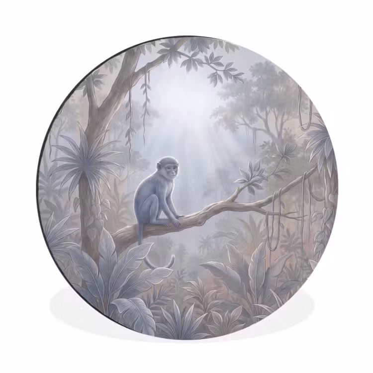 Aap - Boom - Jungle - Natuur - Grijs Wandcirkel aluminium klein -3d