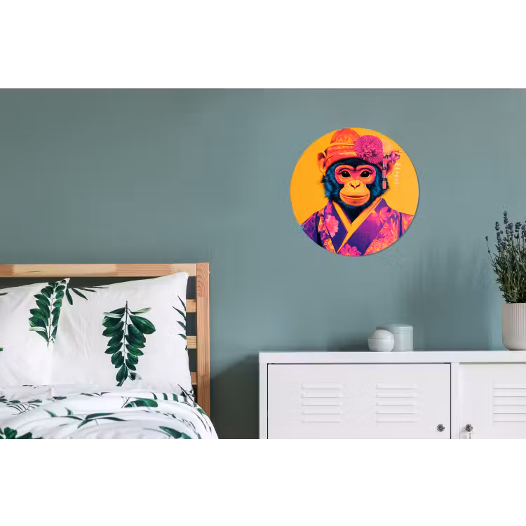 Aap - Kimono - Bloemen - Hoofdtooi Wandcirkel aluminium klein -slaapkamer
