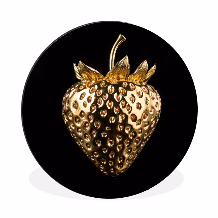 Aardbei - Goud - Zwart - Chrome Wandcirkel aluminium klein -3d