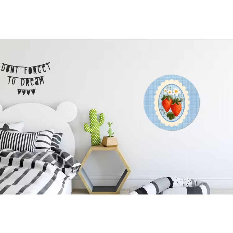 Aardbeien - Lijst - Rood - Geruit Wandcirkel aluminium klein -kinderkamer