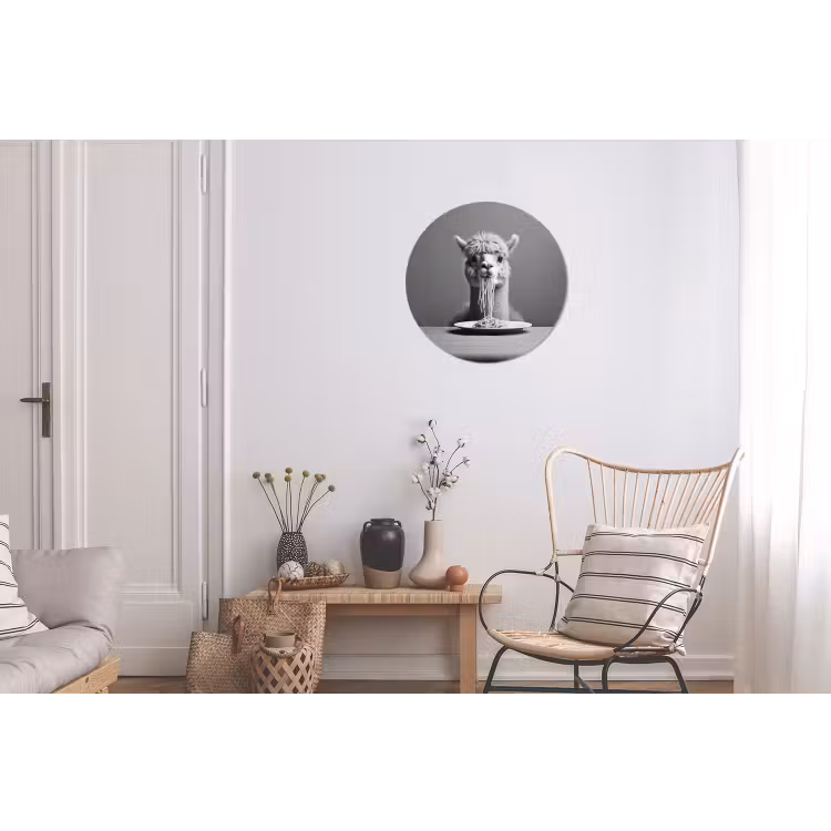 Alpaca - Pasta - Zwart - Wit - Grappig - Dieren Wandcirkel aluminium klein -woonkamer