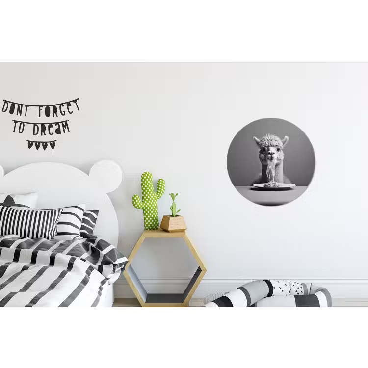 Alpaca - Pasta - Zwart - Wit - Grappig - Dieren Wandcirkel aluminium klein -kinderkamer
