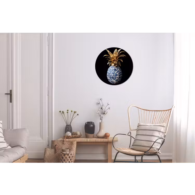Ananas - Bloemen patroon - Goud - Delftsblauw Wandcirkel aluminium klein -woonkamer