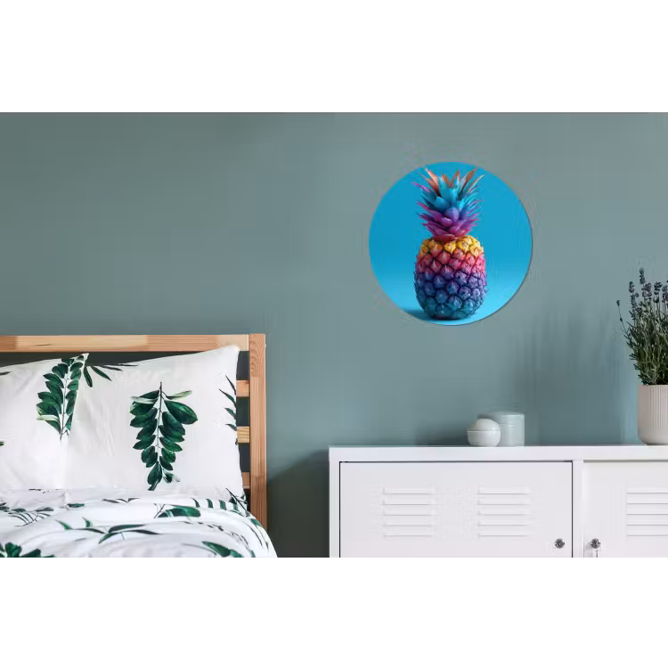 Ananas - Regenboog - Blauw - Popart Wandcirkel aluminium klein -slaapkamer