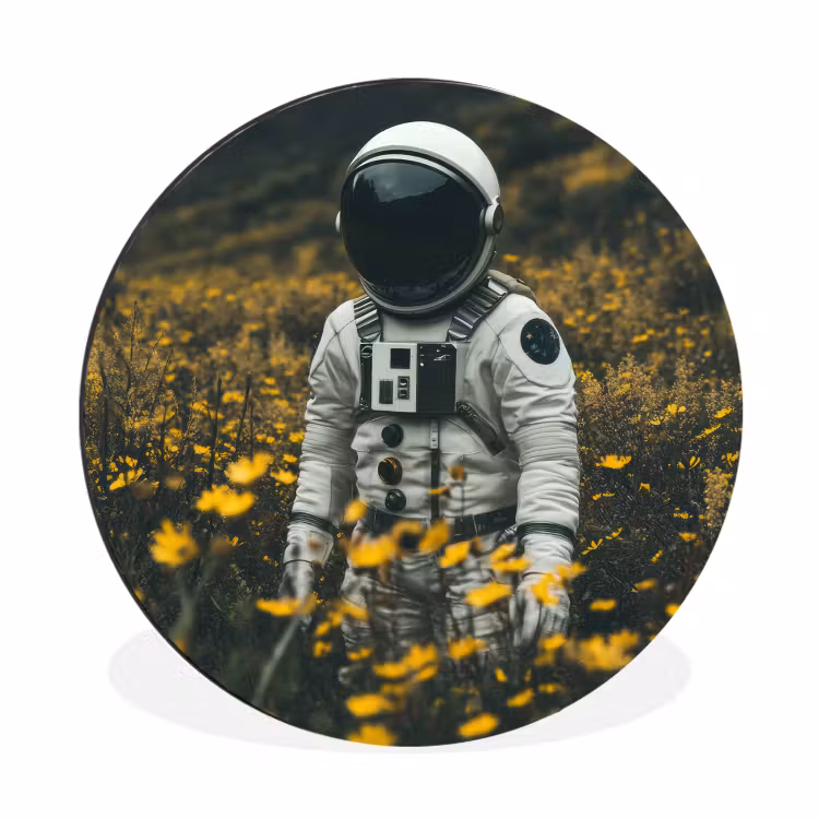 Astronaut - Bloemen - Veld - Geel Wandcirkel aluminium klein -3d