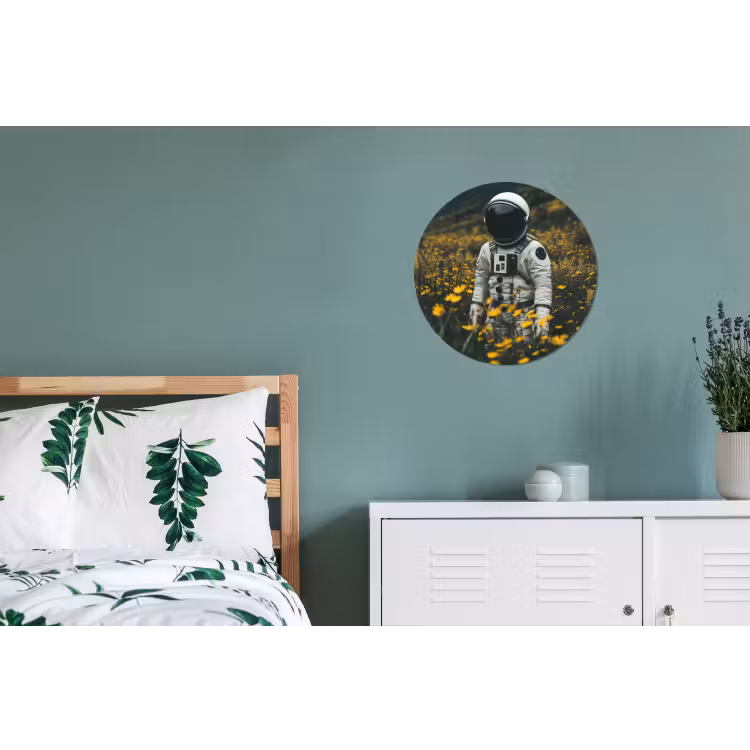 Astronaut - Bloemen - Veld - Geel Wandcirkel aluminium klein -slaapkamer