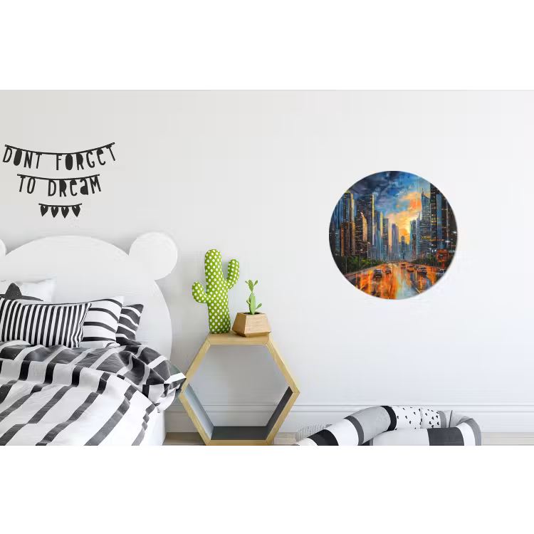 Auto - Skyline - Zon - Blauw Wandcirkel aluminium klein -kinderkamer