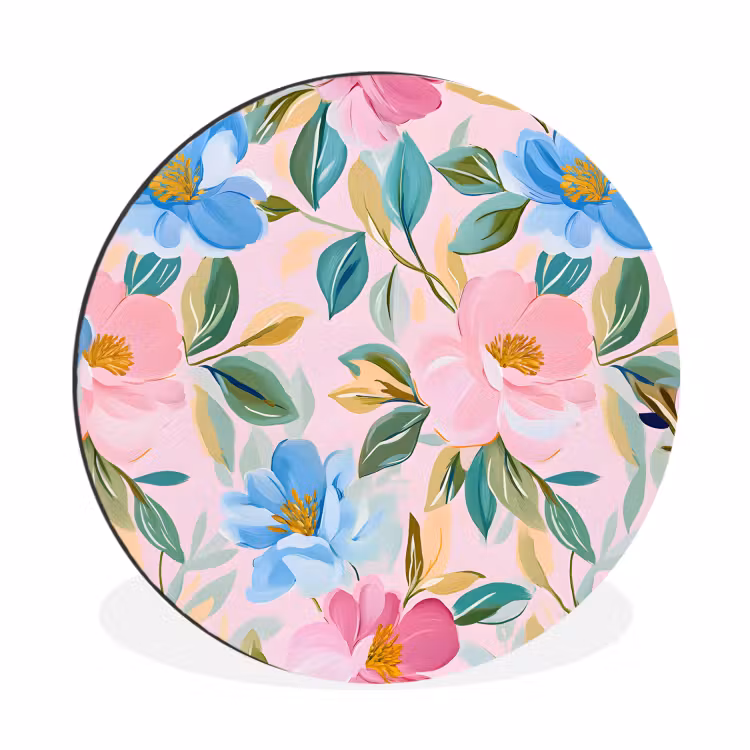 Blauw - Roze - Bloemen Wandcirkel aluminium klein -3d