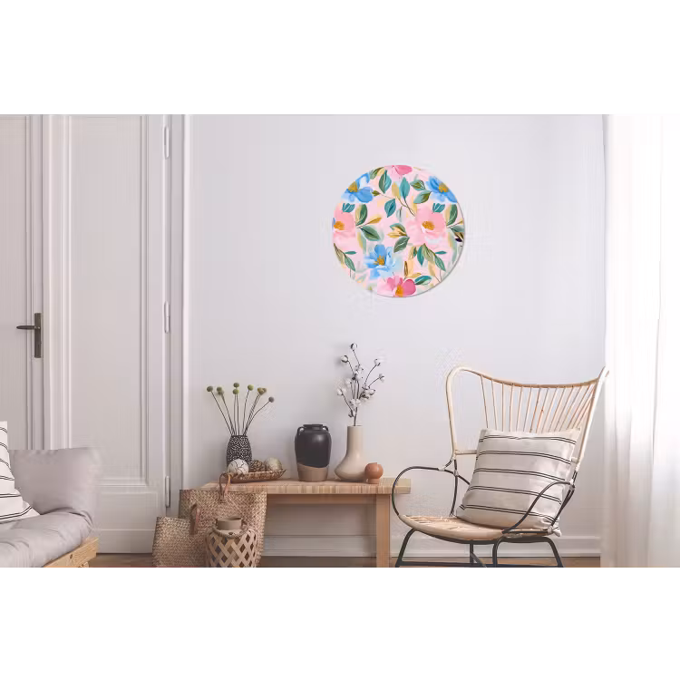 Blauw - Roze - Bloemen Wandcirkel aluminium klein -woonkamer