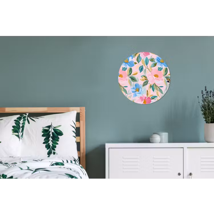 Blauw - Roze - Bloemen Wandcirkel aluminium klein -slaapkamer