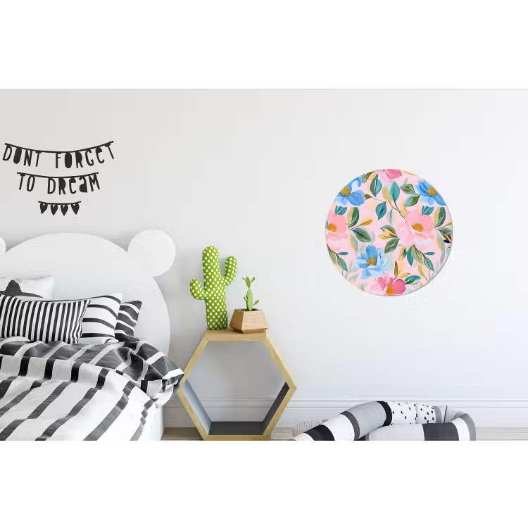 Blauw - Roze - Bloemen Wandcirkel aluminium klein -kinderkamer