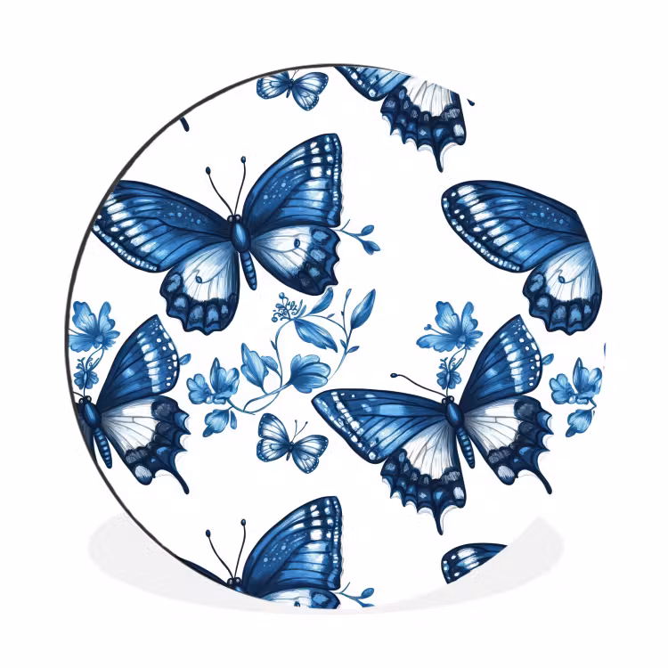Blauw - Vlinders - Bloemen - Wit Wandcirkel aluminium klein 190 -3d