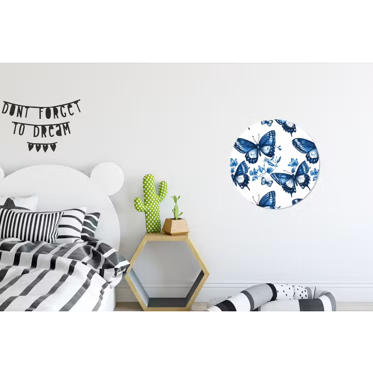 Blauw - Vlinders - Bloemen - Wit Wandcirkel aluminium klein 190 -kinderkamer