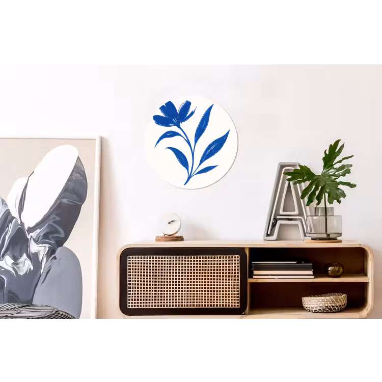 Bloem - Blaadjes - Minimalistisch - Blauw Wandcirkel aluminium klein -kantoor