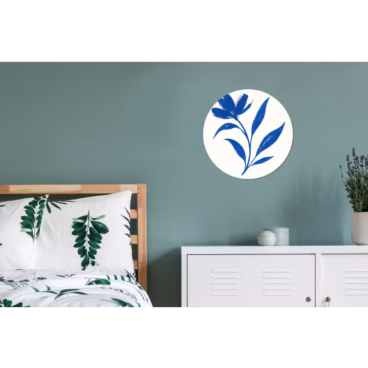 Bloem - Blaadjes - Minimalistisch - Blauw Wandcirkel aluminium klein -slaapkamer