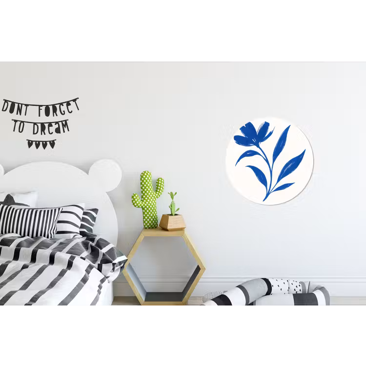 Bloem - Blaadjes - Minimalistisch - Blauw Wandcirkel aluminium klein -kinderkamer