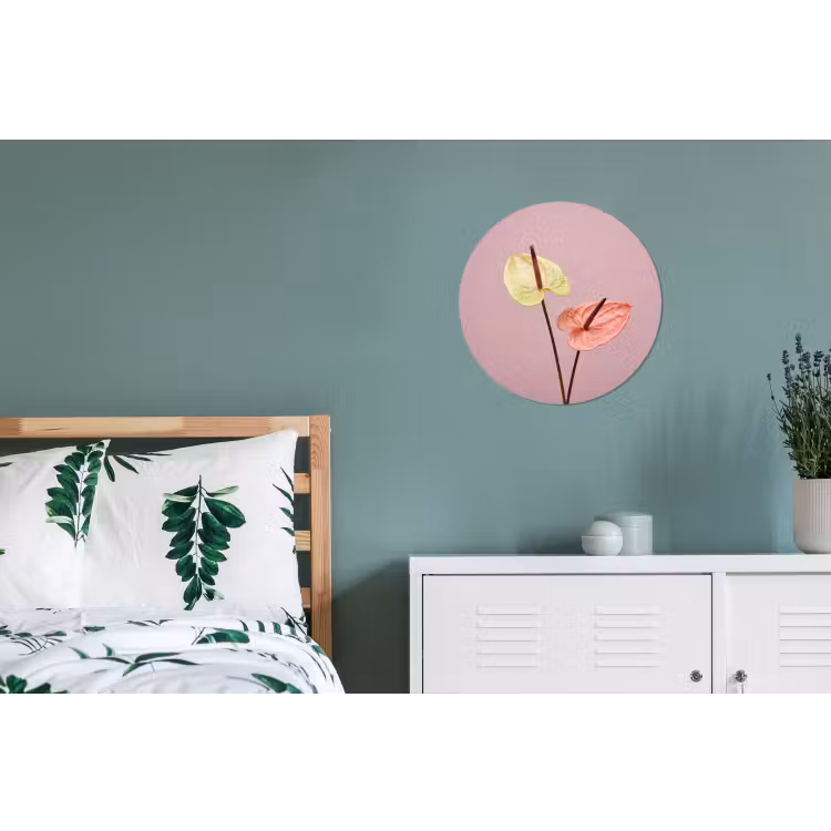 Bloemen - Anthuriums - Geel - Roze Wandcirkel aluminium klein -slaapkamer