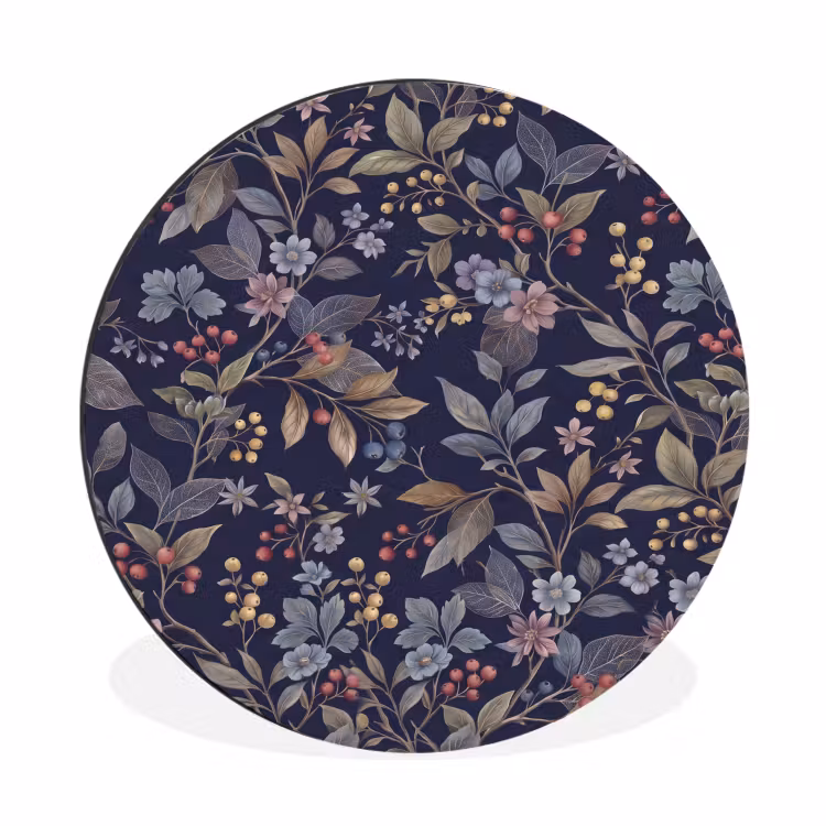 Bloemen - Bladeren - Patroon - Botanisch - Donkerblauw Wandcirkel aluminium klein -3d